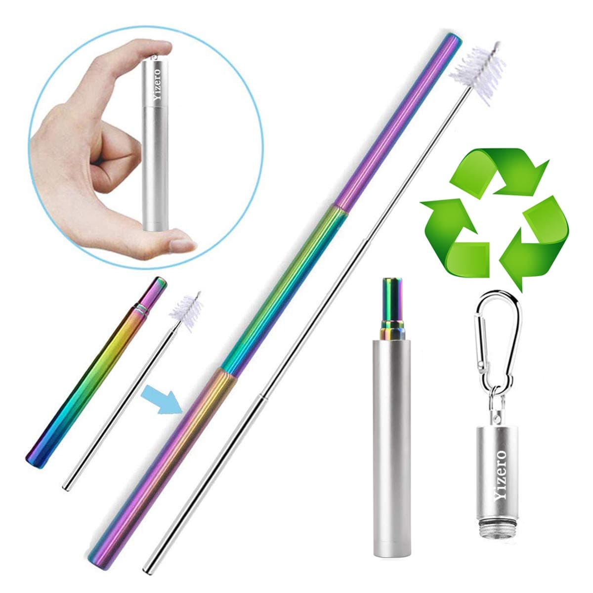 Yizero Reusable Straw with Case, Keychain and Cleaning Brush, Portable Collapsible Stainless Steel Metal Straw Drinking Reusable (Dishwasher Safe)