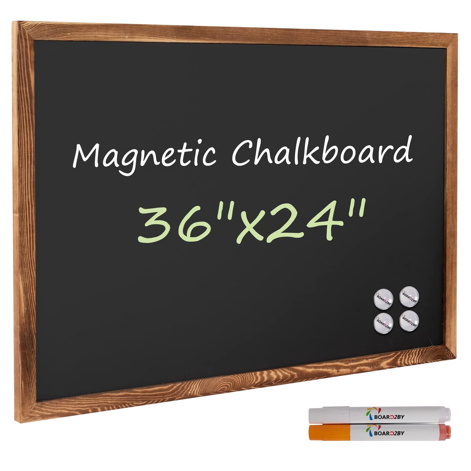 Rustic Wood Framed Magnetic Chalkboard 24 x 36, Large Hanging Chalk Board Sign for Kids, Non-Porous Wall Blackboard for Wedding Kitchen Restaurant Menu and Home with 4 Unique Magnets, Brown