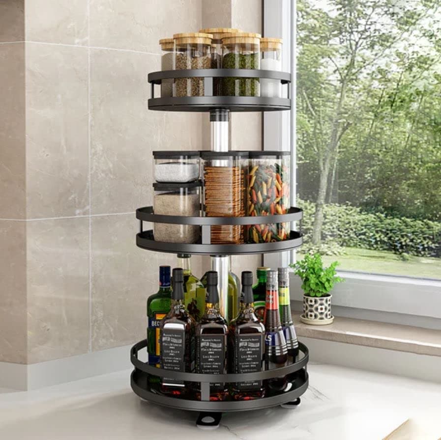 Whixant Lazy Susan Organizer, 3 Tier Metal Steel, Turntable Height Adjustable, No-Slip Suction Base, Bathroom Kitchen countertop Organizer, Rotating Spice Rack for Cabinet Countertop Pantry