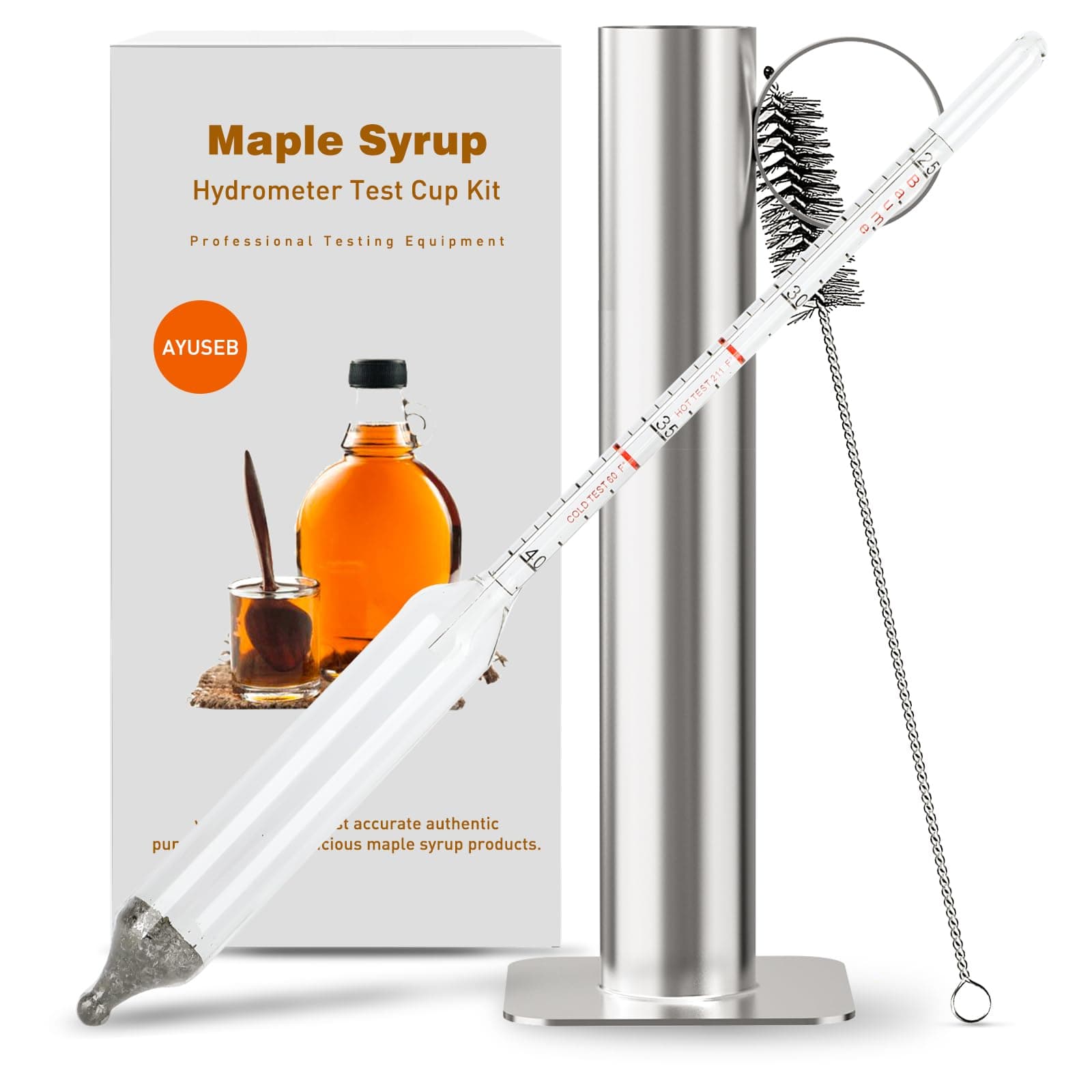 Maple Syrup Hydrometer Test Cup Kit - Maple Syrup Density Kit, Baume and Brix Scale, Stainless Steel Maple Syrup Kit with Cleaning Brush - Calibrated to Create Pure Maple Syrup