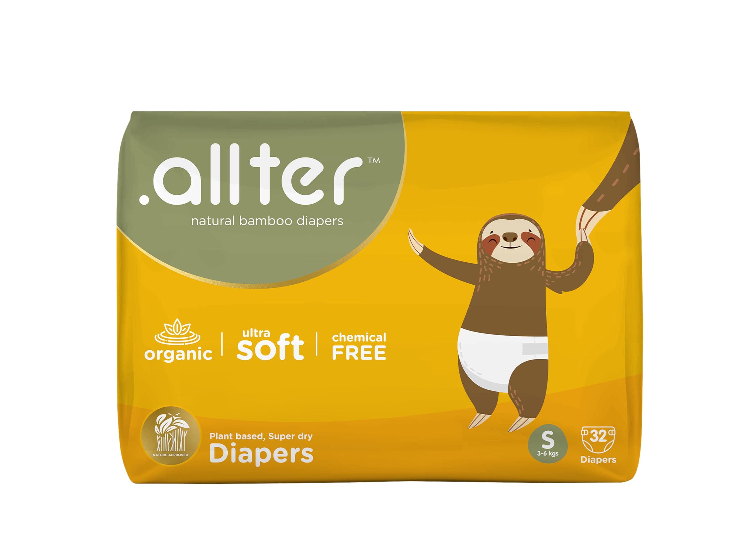.allter Organic Bamboo Baby Diaper S Size (3-6kg)| 32 Count (Pack of 1)| Rash Free, Super Dry, Quick Absorb, Taped Style, Ultra Soft Diapers| Feet