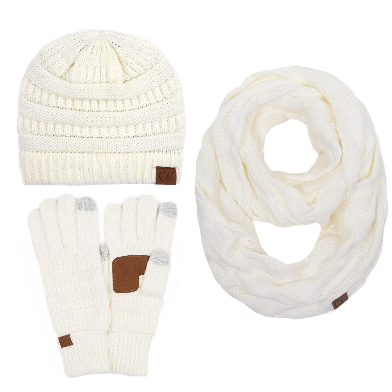 ScarvesMe 3pc Set Trendy Warm Chunky Soft Stretch Cable Knit Beanie Scarves Gloves Set