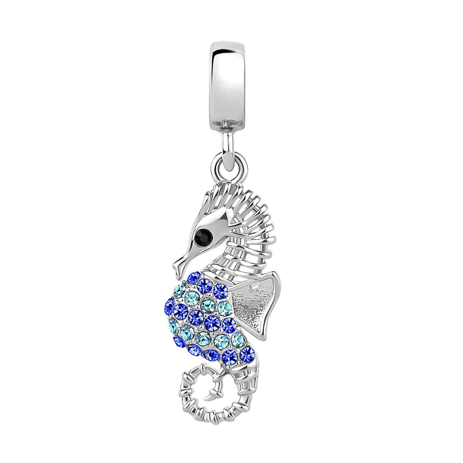 FGT Blue CZ Seahorse Hippocampus Charm Compatible with Pandora Moments Bracelets Sea Fish Ocean Animal Mermaid for Women Girls