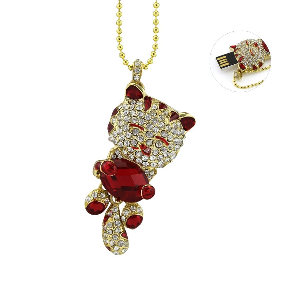 Crystal Necklace Cat Shape 32GB USB 2.0 Flash Drive Diamond Bling Shiny Pen Drive Memory Stick Thumb Drive Pendrive Memorias USB Pendant