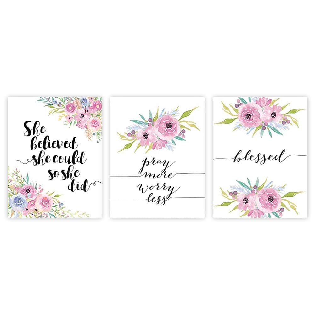 Inspirational Typography Art Print Painting, Lettering Watercolor Floral Cardstock Art Poster Motivational Quote Prints Wall Art Decor (set of 3, 8’’ x 10’’ ,Unframed)