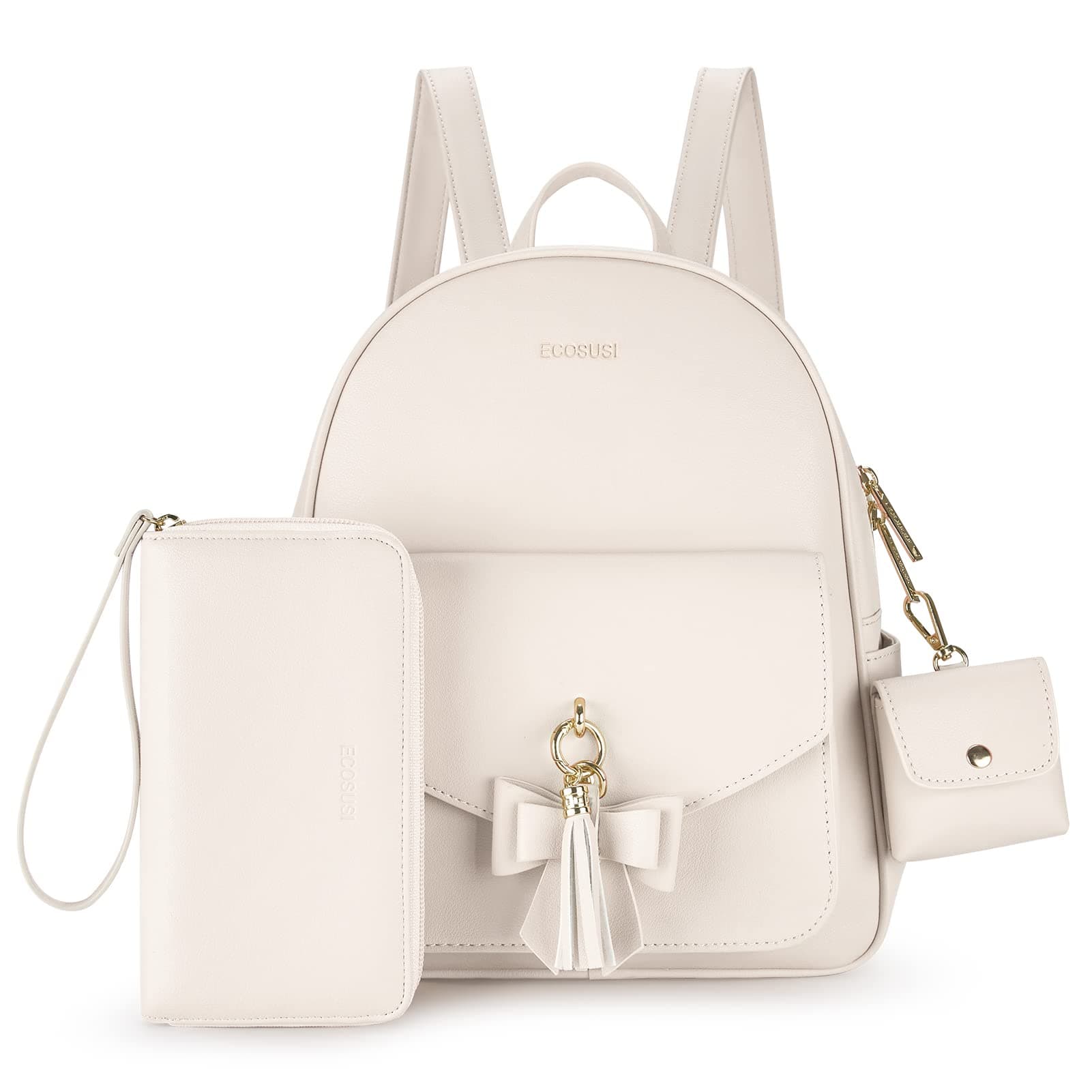 ECOSUSIWomen Backpack Purse Water Resistant PU Leather Backpack Fashion Rucksack Ladies College Daypack with Tassel,2 Pcs