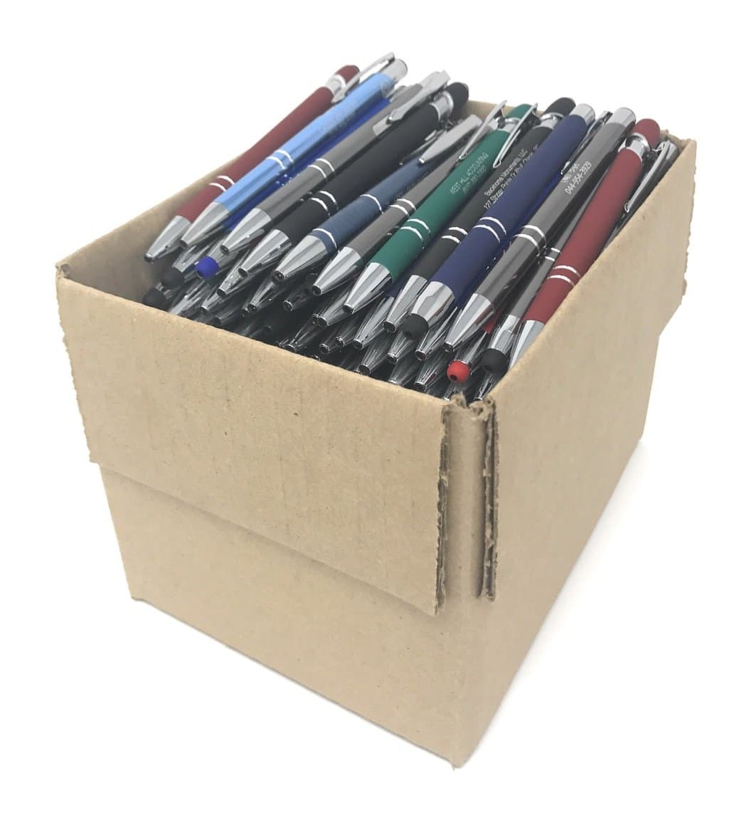 5 lb. Box of Assorted Misprint Metal Retractable Ball Point Pens: Stylus Tip, Comfort Grips - Black & Blue Ink, Approx. 120 Pens per Box