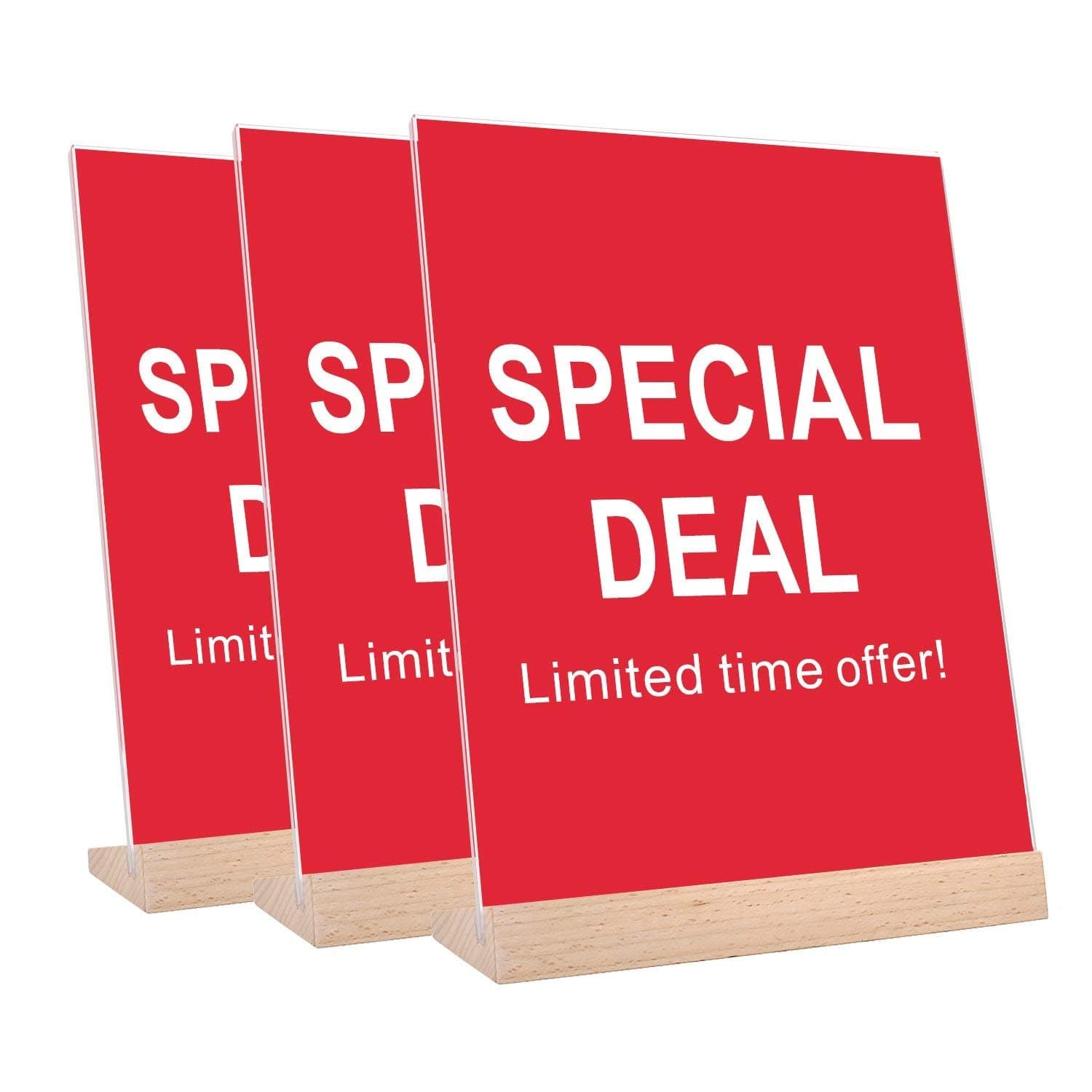 8.5 x 11 Inch Premium Clear Acrylic Slanted Sign Holder, Weighted Beech Wood Bottom Table Menu AD Sign Holder Stand, 3 Pack