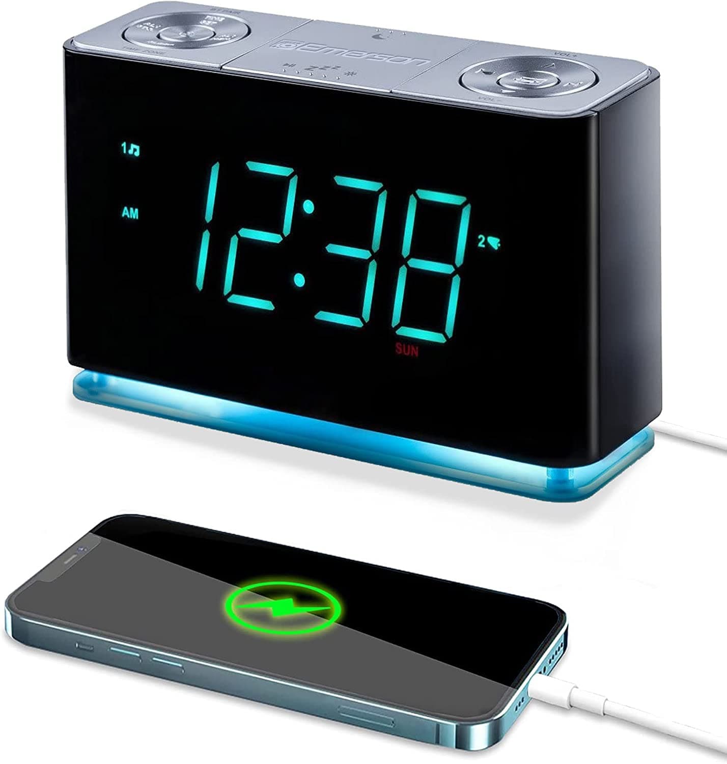 Smartset Alarm Clock Radio with Bluetooth Speaker with USB Port for iPhone/iPad/iPod/Android and Tablets, 1.4" Cyan LED Display and Night Light, ER100301