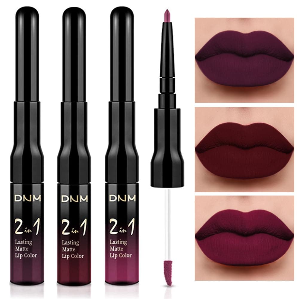 3Pcs Dark Red Purple Plum Matte Liquid Lipstick and Lip Liner Set for Women Matte Burgundy Lip Tint Stain Long Lasting Waterproof, Black Cherry Blood Red Mauve Brown Gothic Goth Lipsticks Makeup