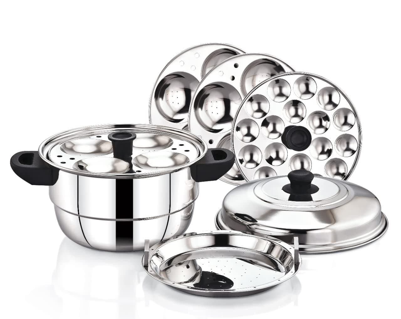 HometronicsStainless Steel Multi Steamer Pot (3 Idli Plates/12 Idlis, 1 Mini Idli Plate/15 Mini Idlis and 1 Multi-Purpose Steamer/Idiyappam Steamer Plate) (12 idli)