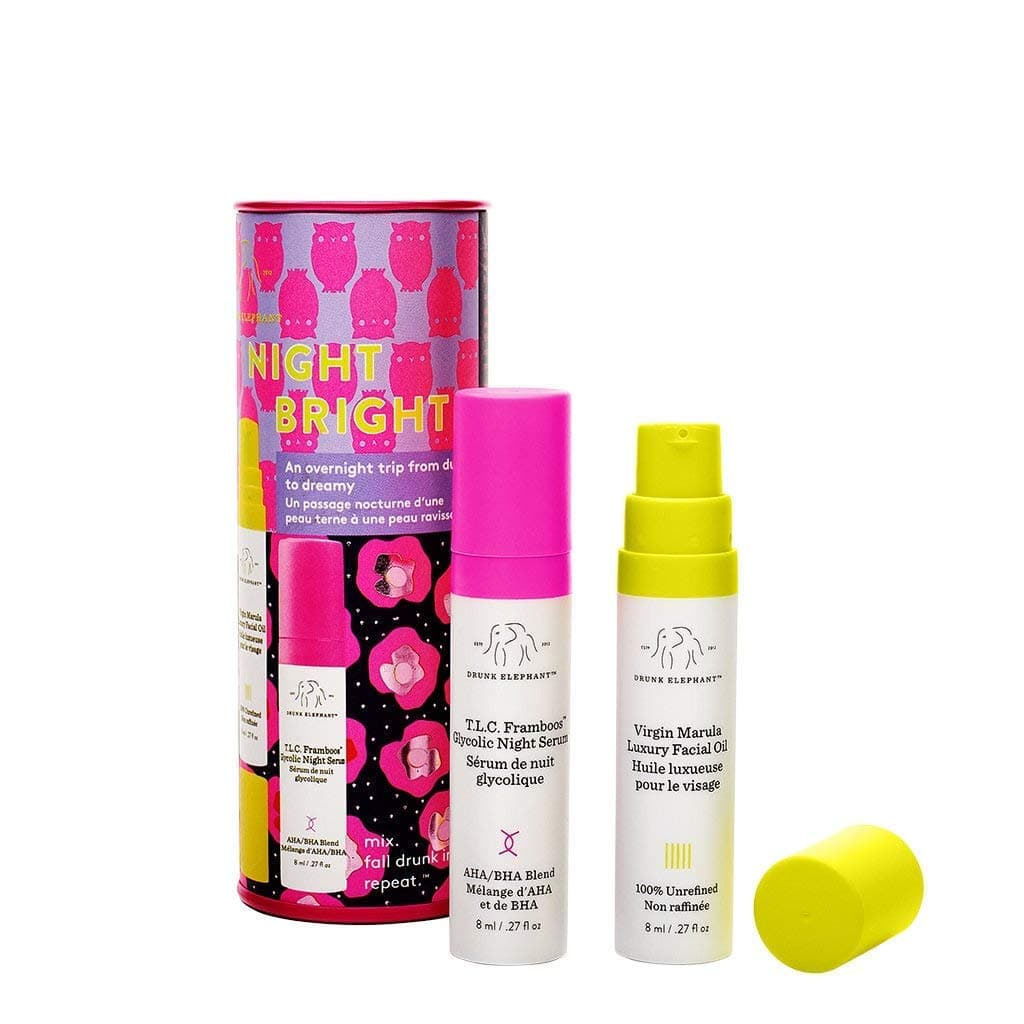 Drunk Elephant nightbright: T.L.C. Framboos Glycolic Night Serum & Virgin Marula Luxury Facial Oil 8ml each