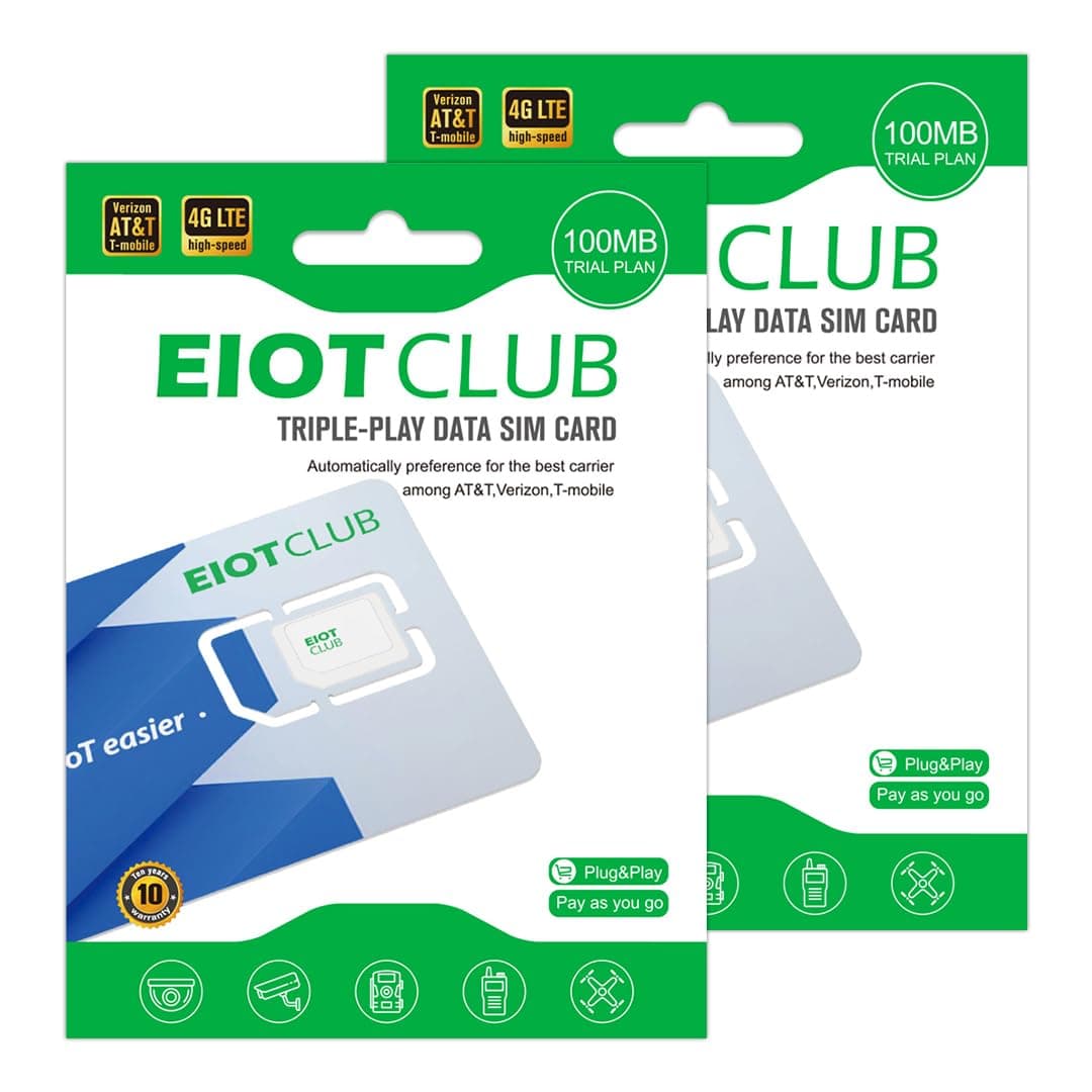 (2 Pack) EIOTCLUB Prepaid SIM Card, 4G LTE SIM Support for Verizon, AT&T and T-Mobile in The USA, Data Only SIM Card for Security Camera Trail Camera Router WiFi Hotspot Unlocked Device, No Contract