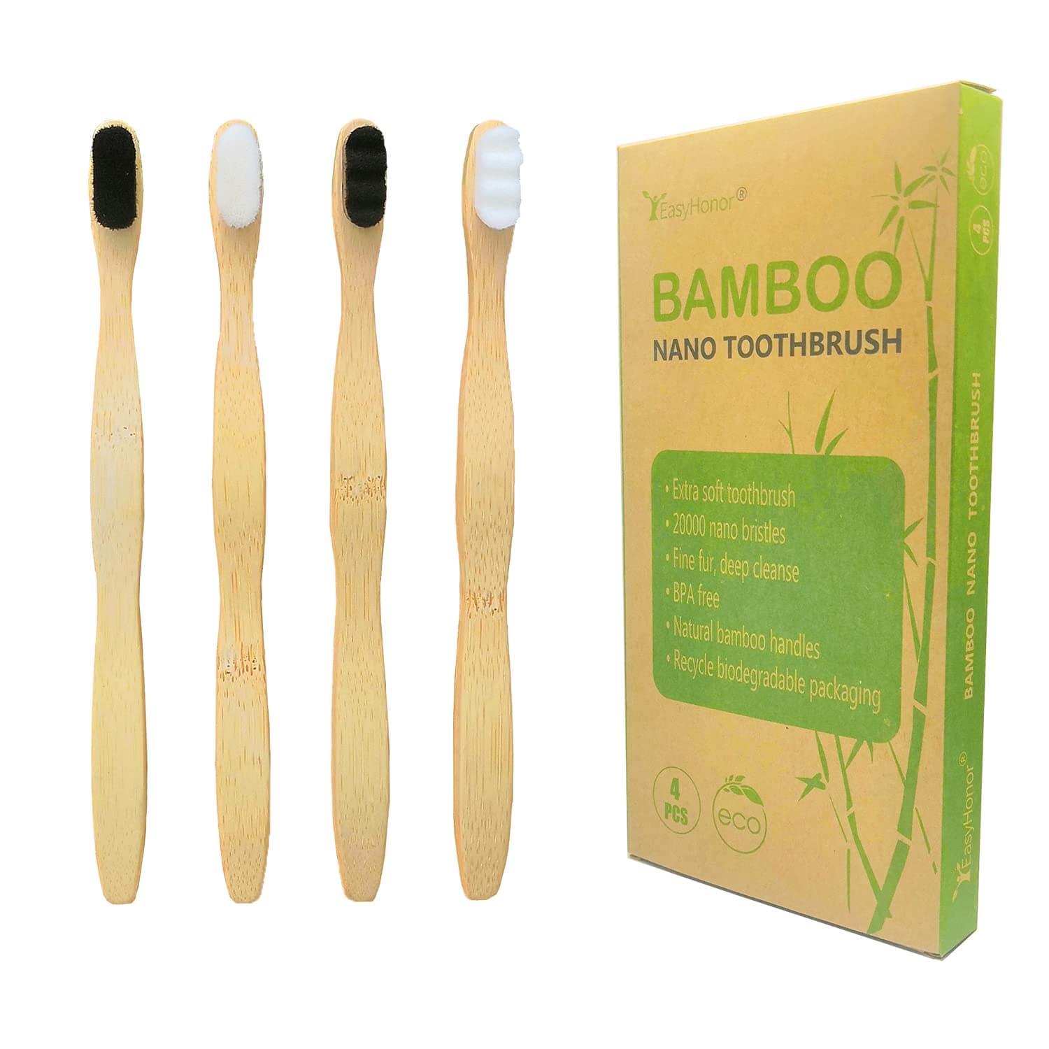 Extra Soft Toothbrush, Biodegradable Bamboo Toothbrush with Micro-Nano Ultra Soft 20,000 Bristles, BPA-Free, Natural, Eco-Friendly, 4-Pack for Adults…