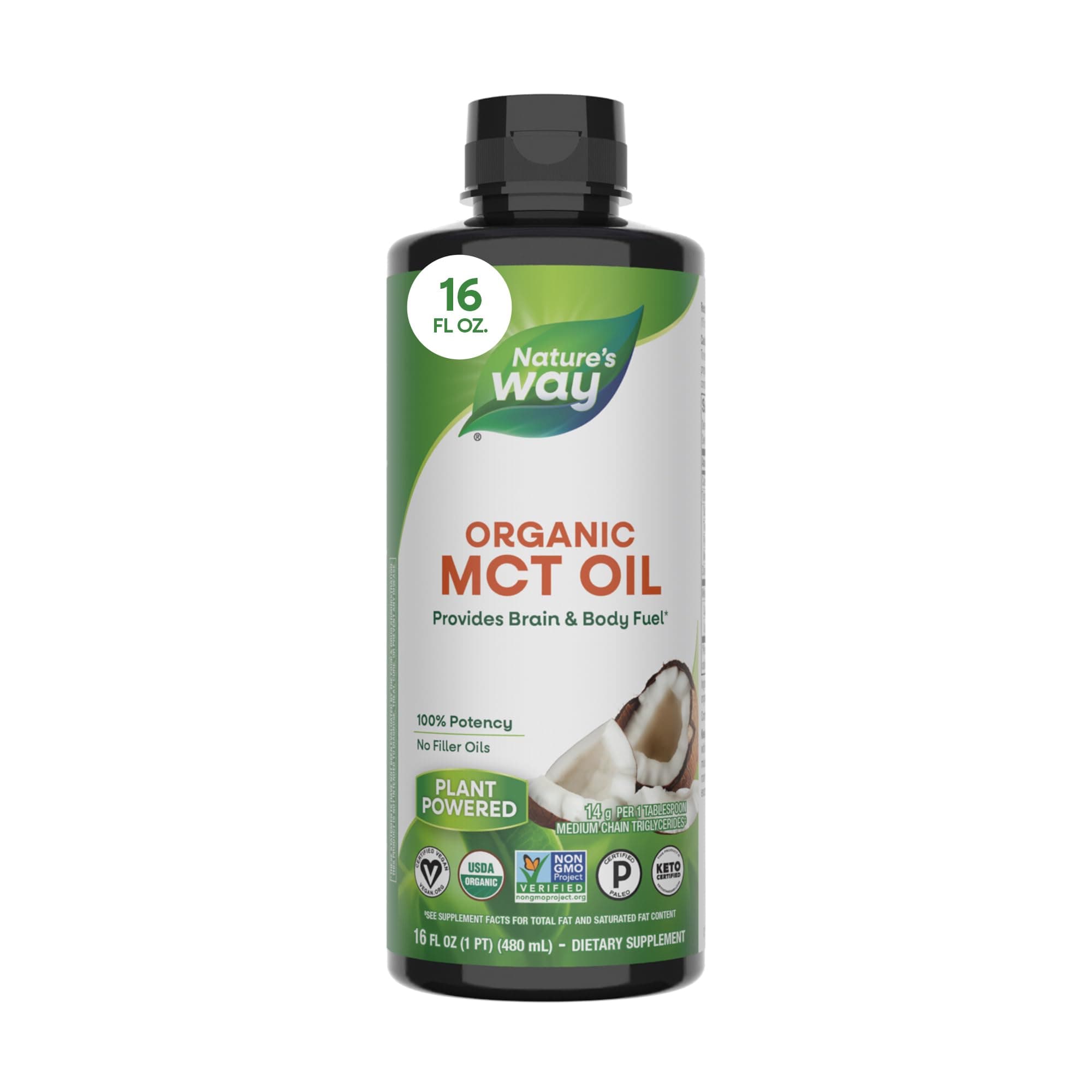 Nature’s Way Organic MCT Oil, Brain and Body Fuel*, Liquid Coconut MCT Oil with C8 Caprylic & C10 Capric Acids, 14 g Medium Chain Triglycerides per Serving, Keto & Paleo Certified, Non-GMO, 16 Fl Oz