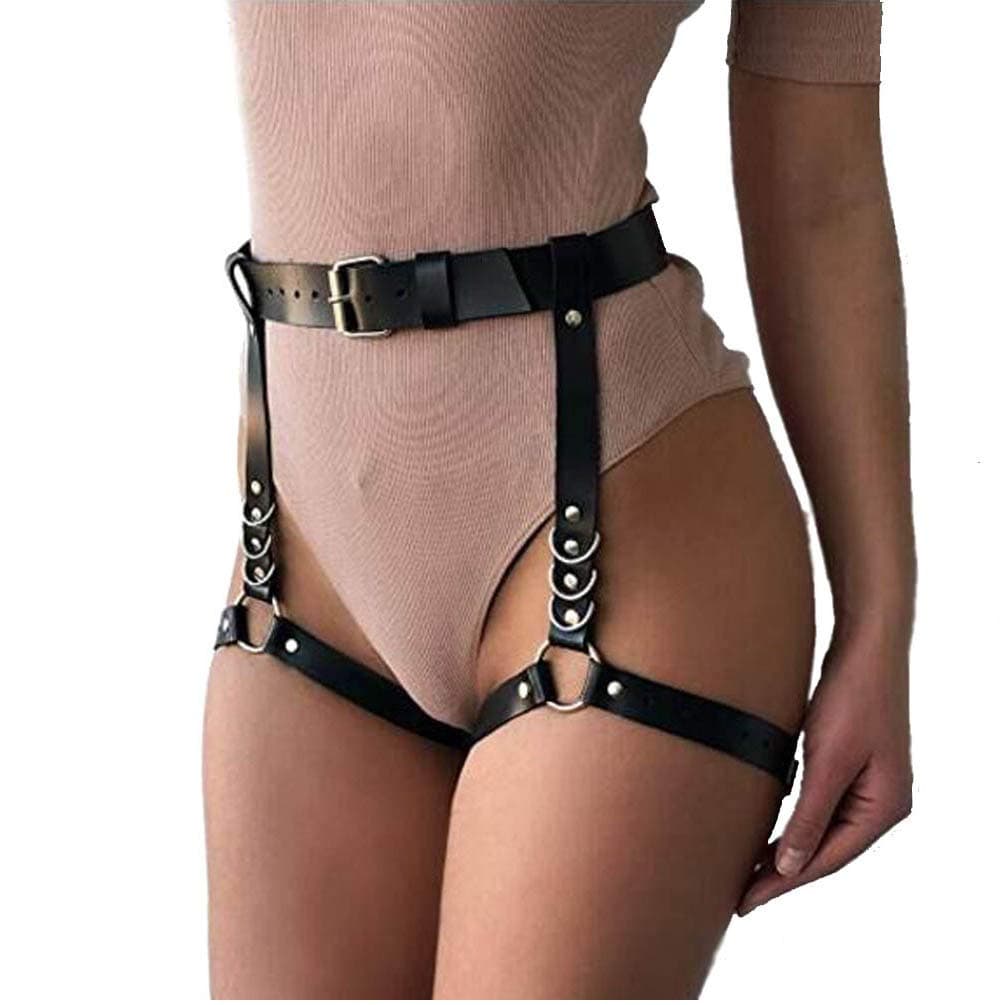 PretishowsWomen Leather Harness Adjustable Punk Caged Waist Belts Leg Garters Harness
