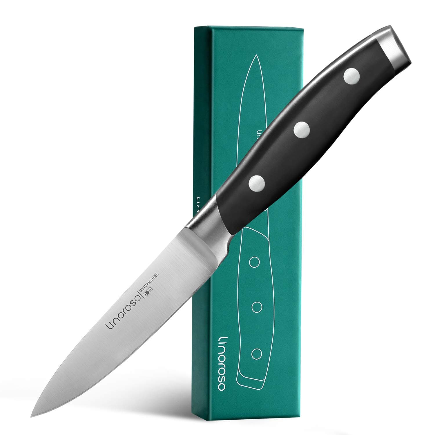 – linoroso Paring Knife 3.5 inch Small Kitchen Knife with Elegant Gift Box, Sharp Forged German Carbon Stainless Steel Fruit Knife, Full Tang, Ergonomic Handle - Classic Series