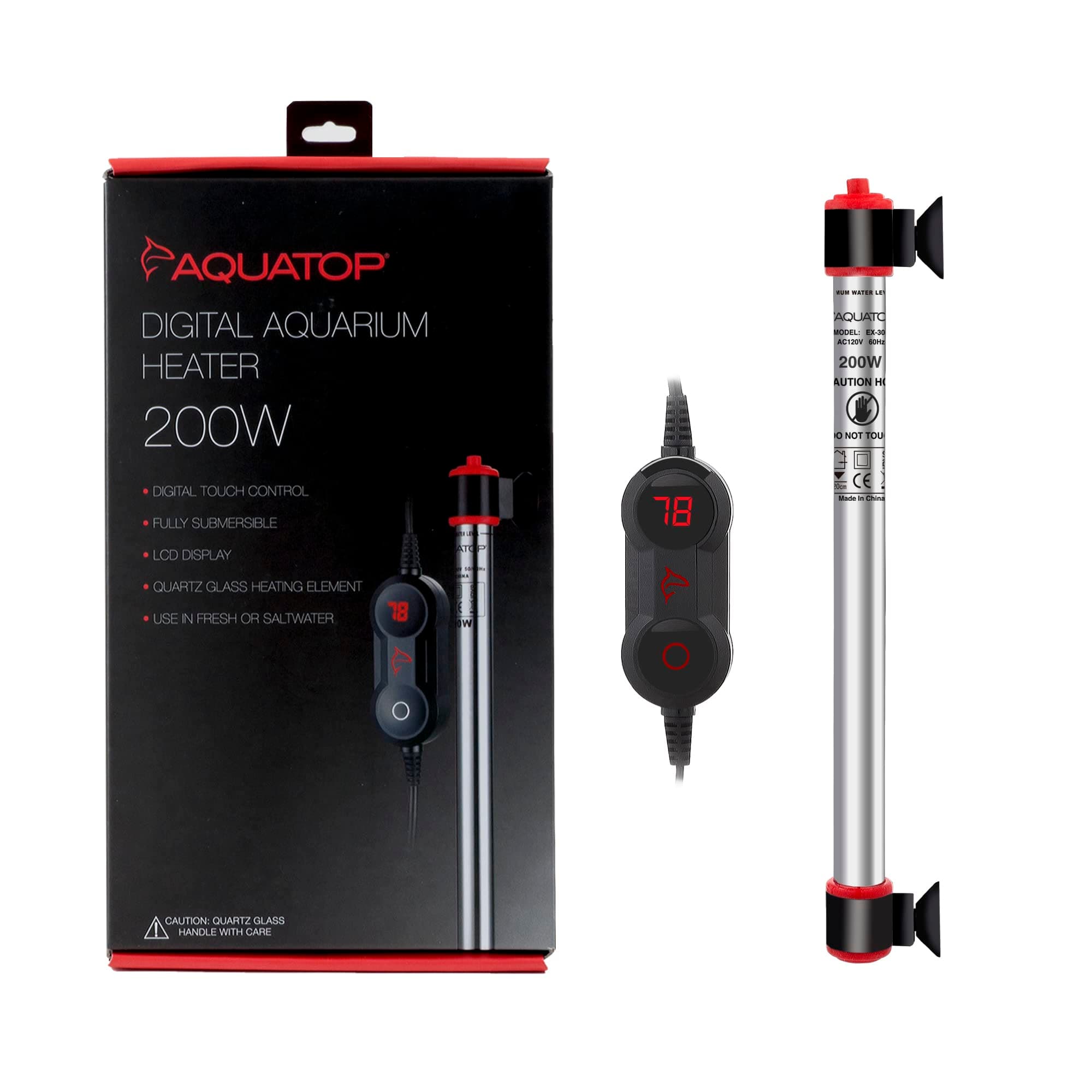 AQUATOP 200W Digital Heater with External Control - Fully Submersible for Fish Tanks Up to 50 Gallons, 68-93F Adjustable Temperature Range, Fresh & Saltwater Use, Aquarium Heaters, EX-200