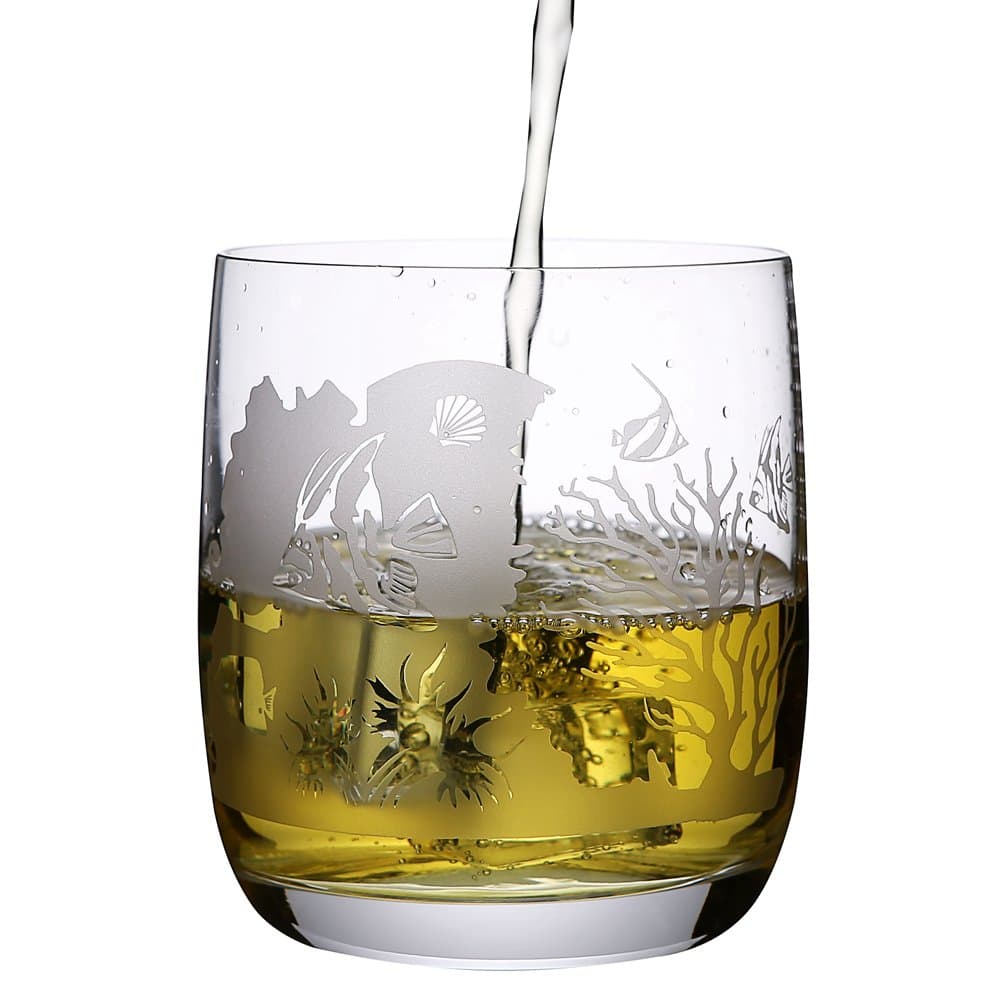 Crystal Whiskey Glass With Engraved Sea World Designs Set Of 2pcs With 2 Red Coasters