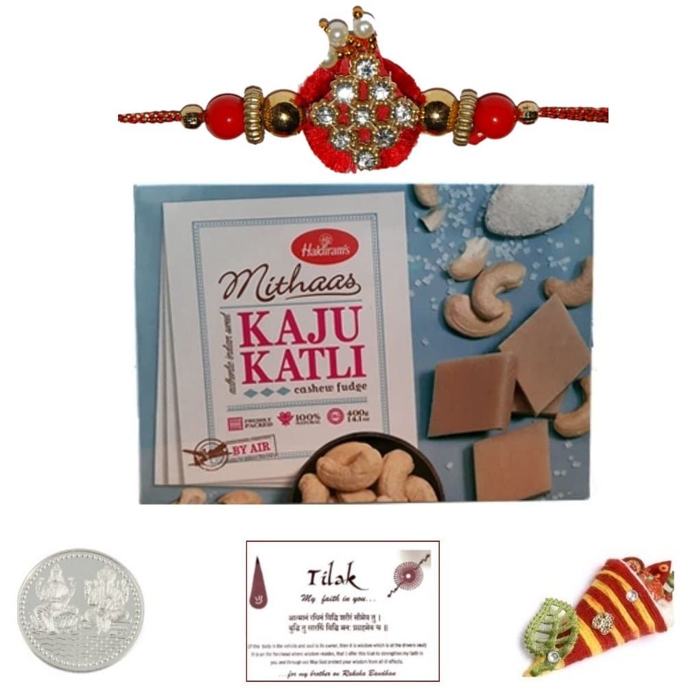 Red Zardosi Rakhi with Haldiram Kaju Katli