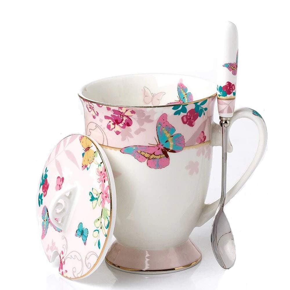 YBK Tech (Pink) - Euro Style Art Bone China Ceramic Tea Cup Coffee Mug with Lid for Breakfast Home Kitchen (Butterflies Pattern) (Pink)