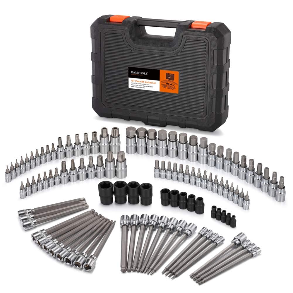 107-Piece Allen and Torx Bit Socket Set, 1/4", 3/8" and 1/2" Drive Hex/Ball End Hex/Extra Long Tamper Proof Torx SAE & Metric Bit Set