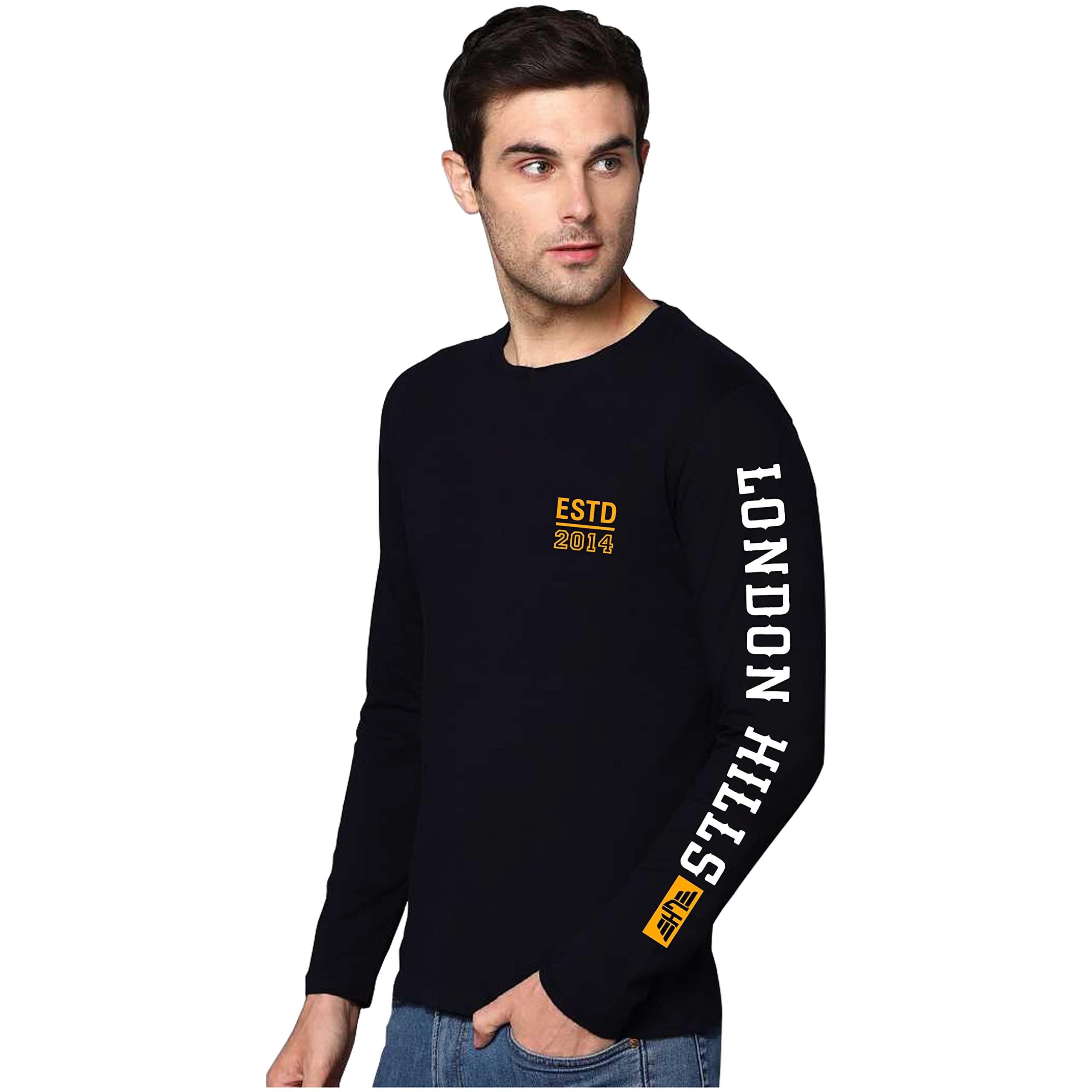 London HillsCotton Printed Men Round Neck Full Sleeve Black Regular Fit T-Shirt, X-Large