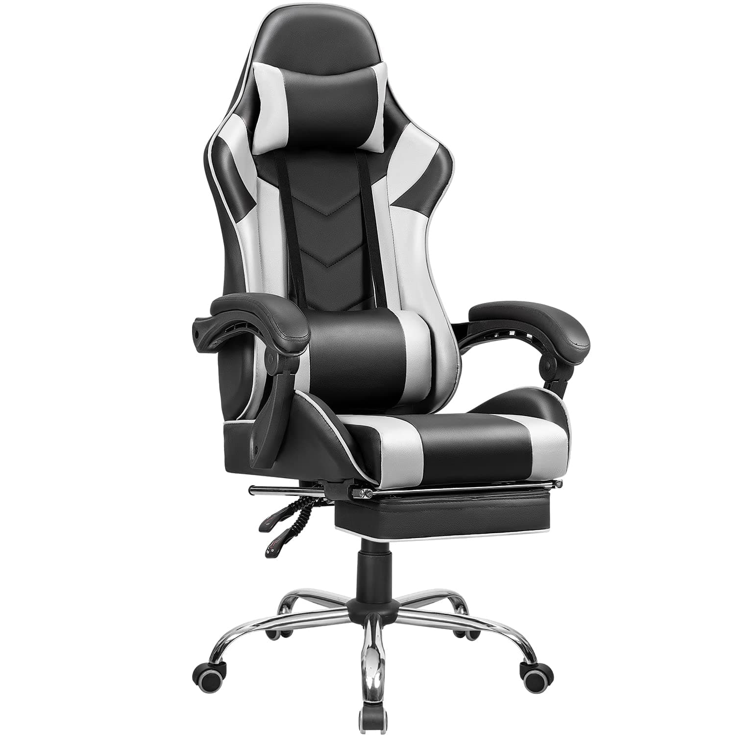Shahoo Gaming Footrest High Back Esports Computer Racing Chairs Height Adjustable Leather Swivel Ergonomic Seat with Headrest and Lumbar Support, White