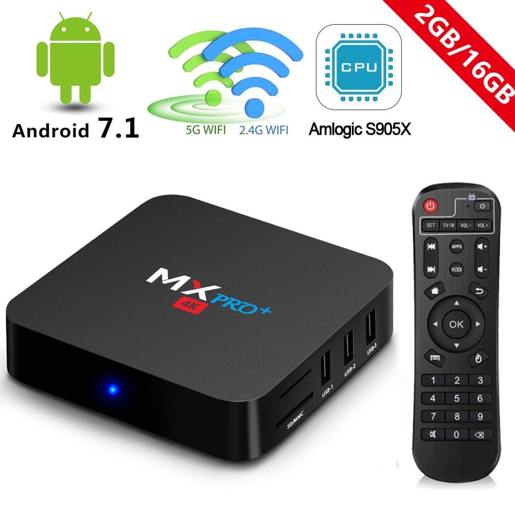 Android 7.1 Tv Box 2GB RAM 16GB ROM Amlogic S905X Quad Core A53 Processor 64 Bits,4K Ultra HD,Dual-WIFI 2.4GHz/5GHz with BT 4.0,Super High Speed WiFi Network Media Player MX PRO+ Smart Tv Box