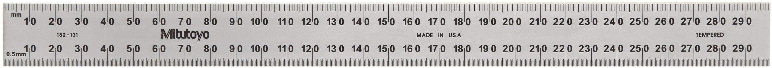 Mitutoyo 182-131, Steel Rule, 300mm (1mm, 0.5mm, 1mm, 0.5mm), 3/64" Thick X 25mm Wide, Satin Chrome Finish Tempered Stainless Steel