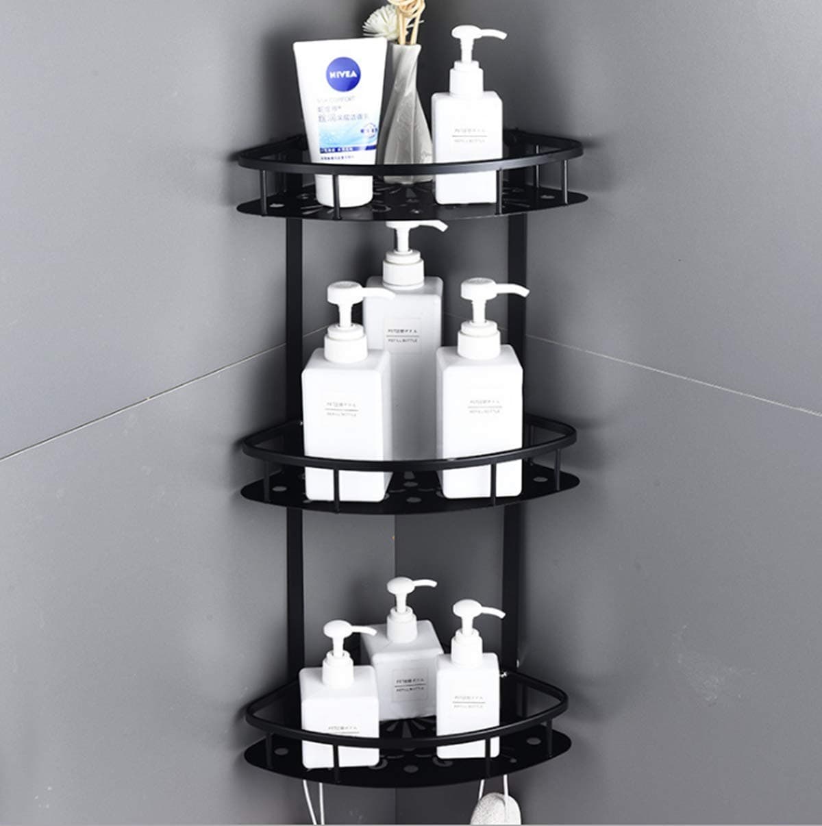 DDxiaodian Corner Shower Caddy, Shower Organizer, Wall Mounted Aluminum Shower Shelf with Adhesive(No Drilling), Storage Rack for Toilet,Shampoo,Dorm and Kitchen (black, 3-Tiers)