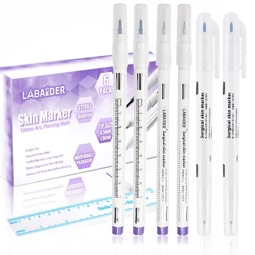 6 Professional Surgical Tip Skin Markers, Sterile Markers with Paper Ruler for Eyebrow, Lip, Skin, Individually Wrapped Sterile (0.5mm and 1mm)