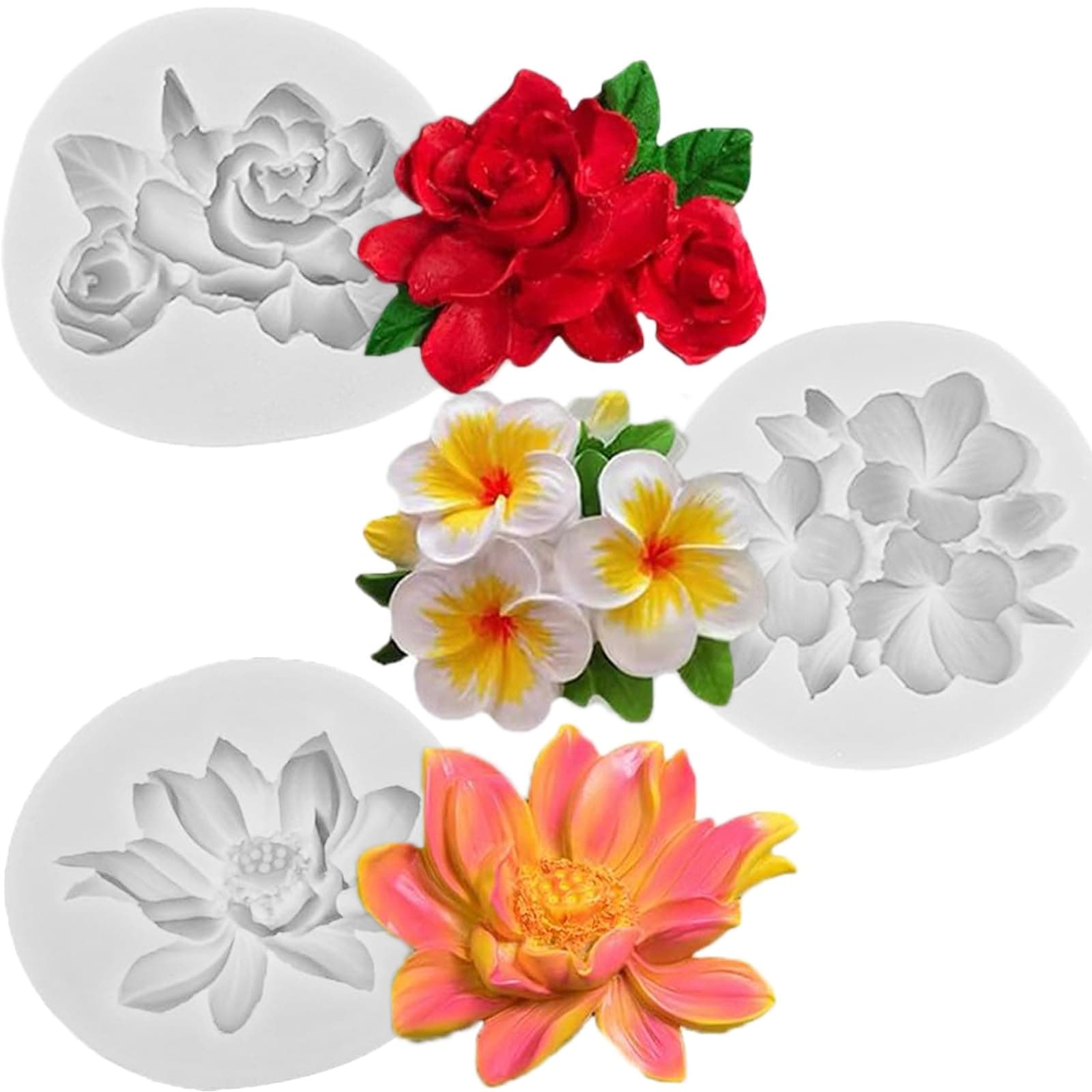 3 pcs Flower Silicone Molds, Hibiscus Plumeria Rose Flower Fondant Silicone Molds,For Sugarcraft, Cupcake Toppers, Soap, Polymer Clay,Crafting Projects,Wedding and Birthday Cake Decoration