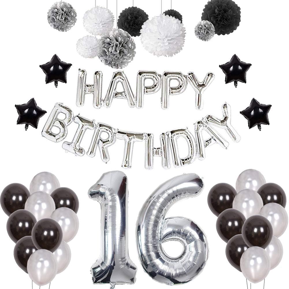 Puchod 16th Birthday Decorations, Happy Birthday Decoration Banner Number 16 Foil Ballon Party Decor Set with Tissue Paper Pom Pom Balls Black Gold Silver for Boy Men