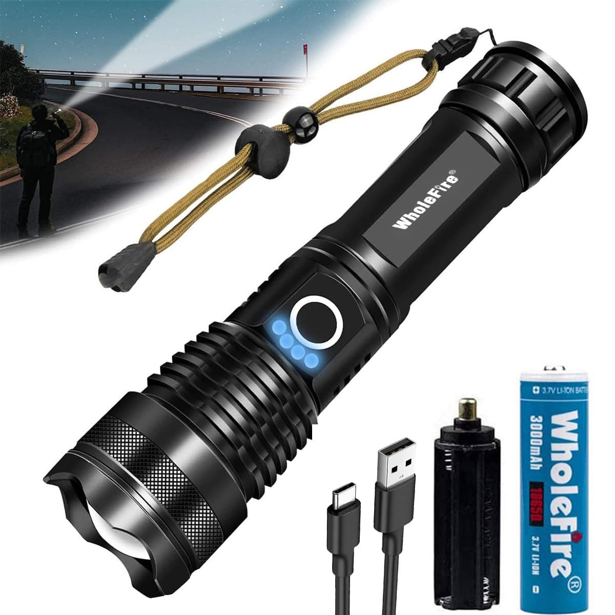 WholeFire LED Torch Super Bright 10000 Lumens, USB Rechargeable Powerful XHP70 Flashlight Zoomable Power Display Torch Light 5 Modes for Camping Outdoor Sport, Battery Include