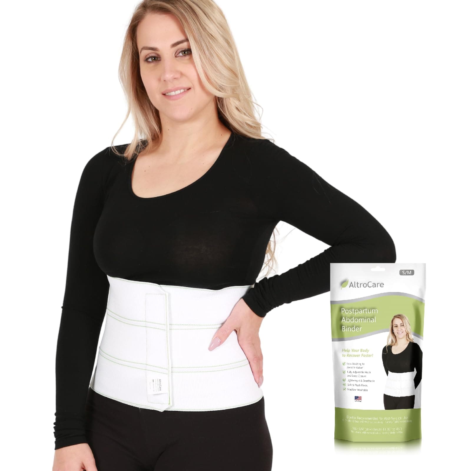 Postpartum & Post Surgery Abdominal Binder. 3-Panel belly band for recovery after childbirth, hysterectomy, tummy tuck, hernia, diastasis recti. Size L/XL (45" to 60"). Made in USA.