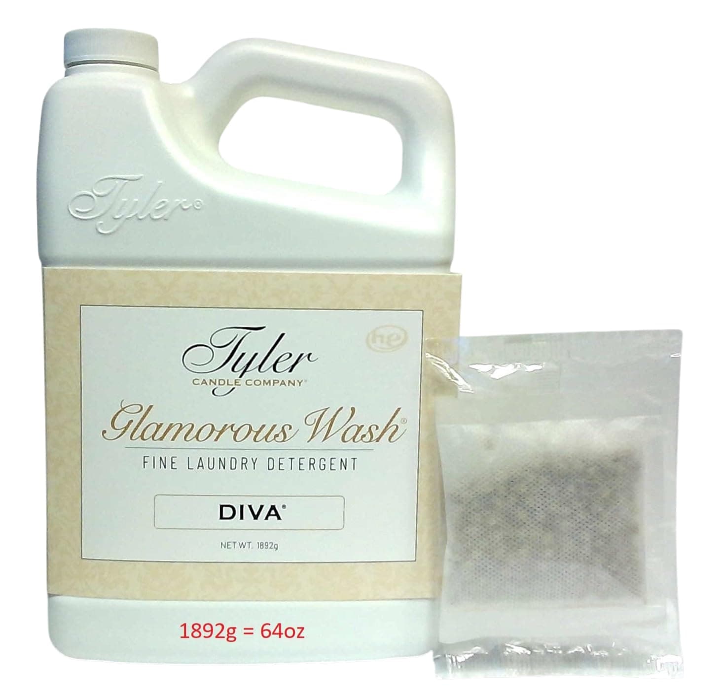 Tyler Candle Glamorous Wash Diva Half Gallon (64 OZ) Laundry Detergent/with Glamorous Sachet Single Pouch