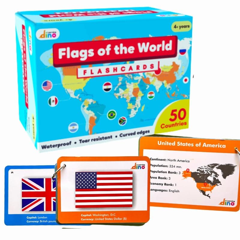 Flags of The World Flashcards | Covers 50 Countries with Country Flag, Map, Economy, Language, Currency & More | Helps Kids Learn Geography in a Fun Way | Premium Quality | by Learning Dino