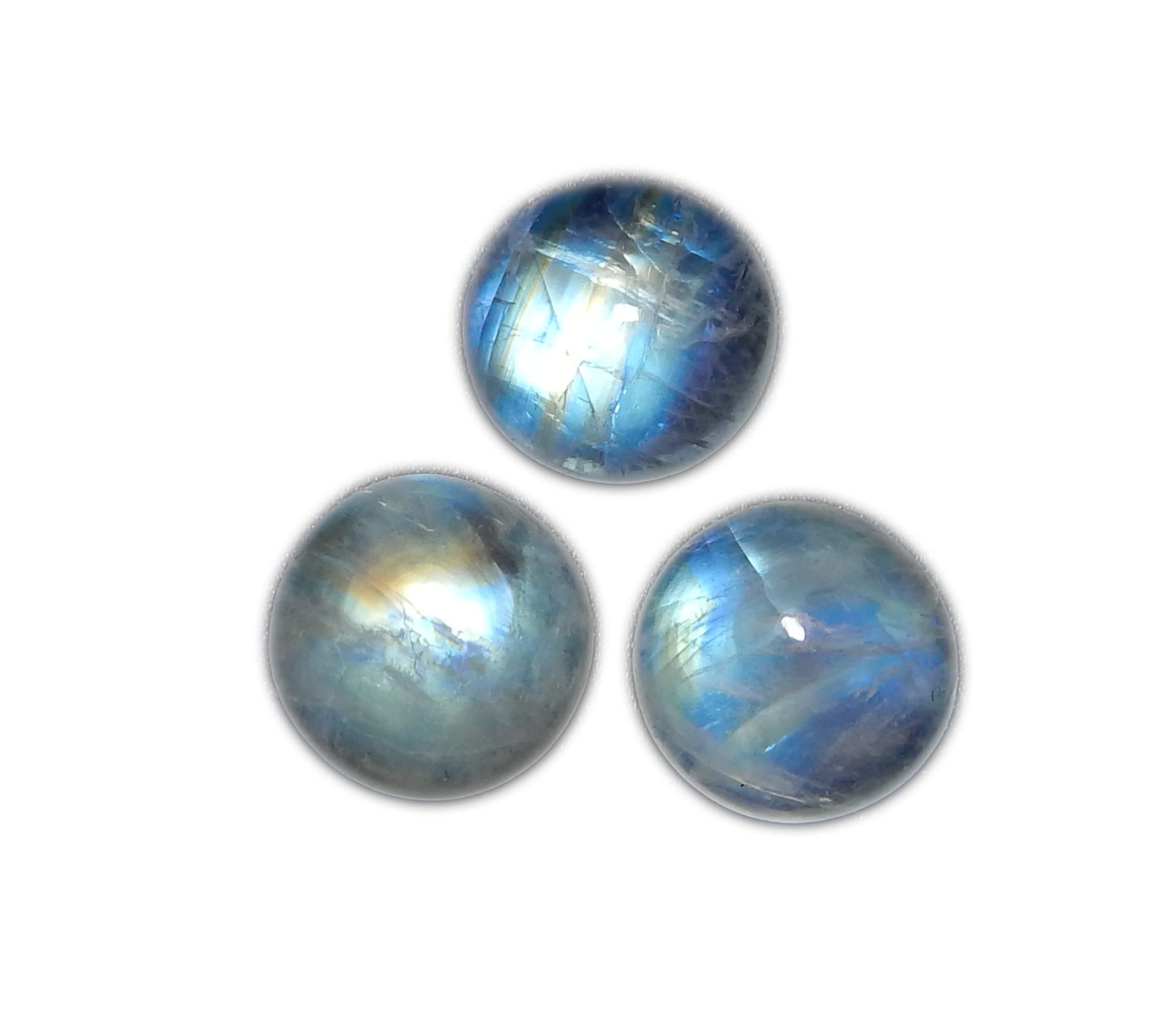 12mm Round Blue Fire Natural Rainbow Moonstone Calibrated Cabochon 3 pcs Box
