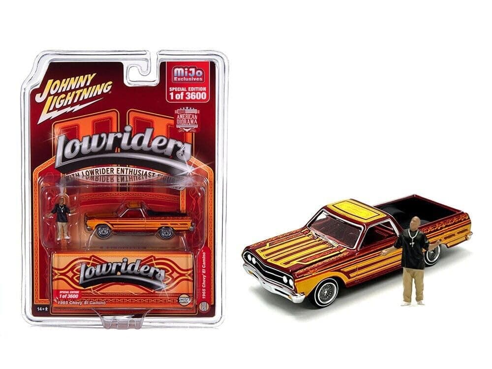 Round 2 1965 Chevy El Camino Lowrider Red Metallic with Orange Graphics and Red Interior and Diecast Figure Limited Edition to 3600 Pieces Worldwide 1/64 Diecast Model Car by Johnny Lightning JLCP7460