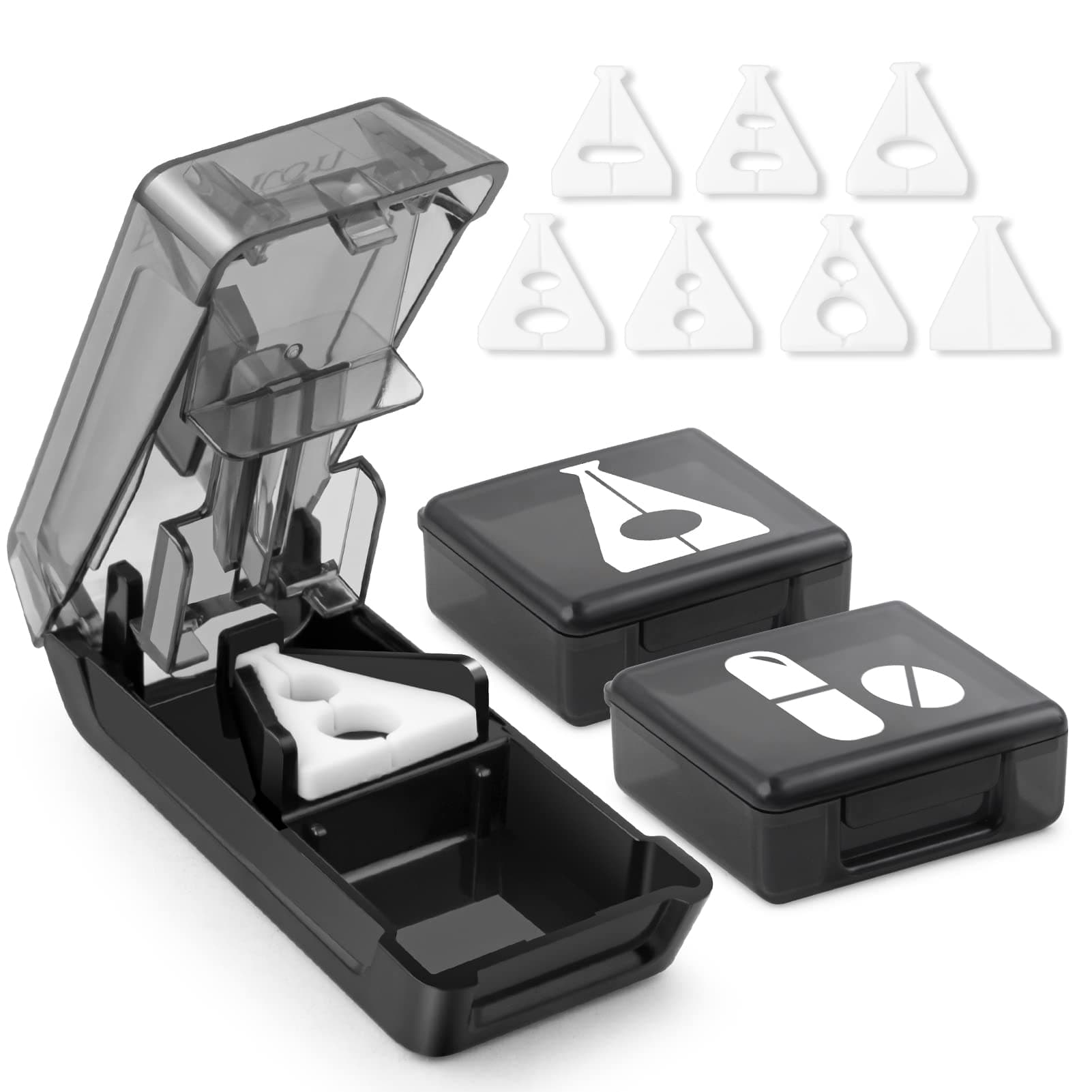 Fullicon Pill Cutter for Small or Large Pills, Pill Splitter with V-Shape Holder, Medicine Slicer with Sharp Blade,Tablet Splitter with Two Large Pill Organizers (Black)