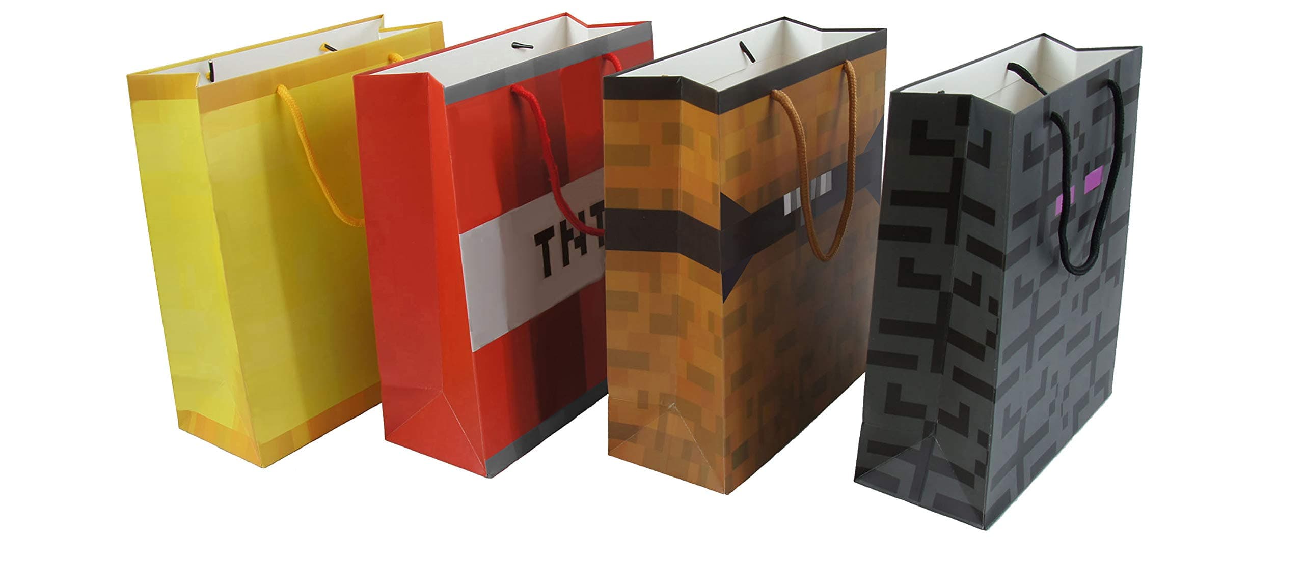 Pixel Miner Style Gift Bag 4-Pack - Four Fun Gift or Party Favor Bags Featuring Pixel Chest, Pixel Gold Block, Pixel TNT and Pixel Endermonster - Perfect For Holiday Gifts or Birthday Party Supplies