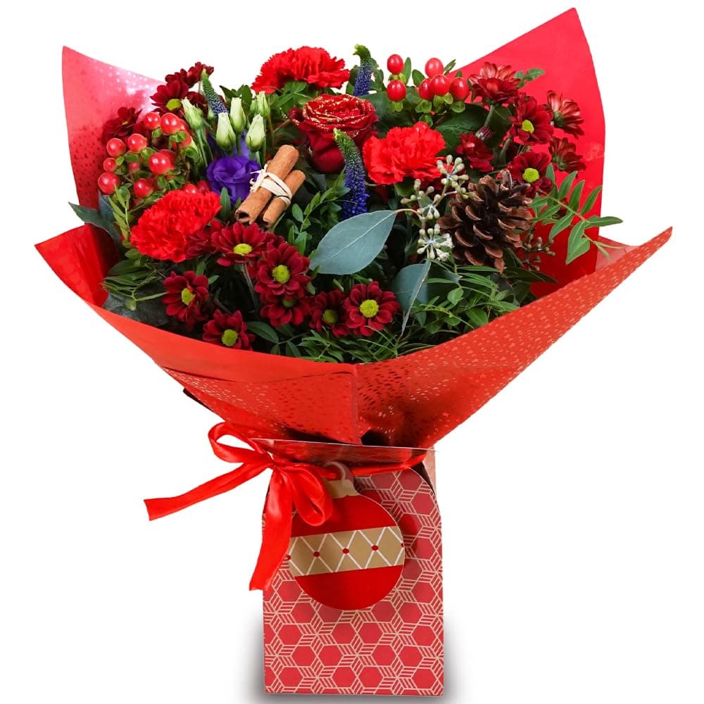 Christmas Flower Bouquet, Red & Purple Fresh Flowers, Perfect for Birthdays, Anniversaries & Christmas Gifts