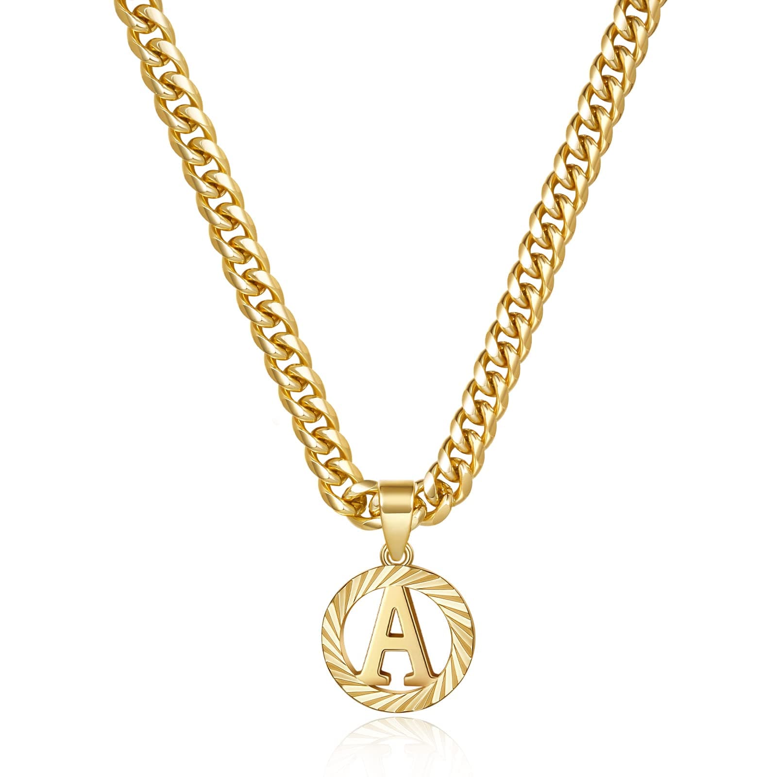 Gold Initial Necklace,14K Gold Plated Round Letter Pendant Hollow Capital Monogram 5mm Cuban Chain Necklace Alhpabets from A-Z Dainty Jewelry for Women Men Girls(Letter A)