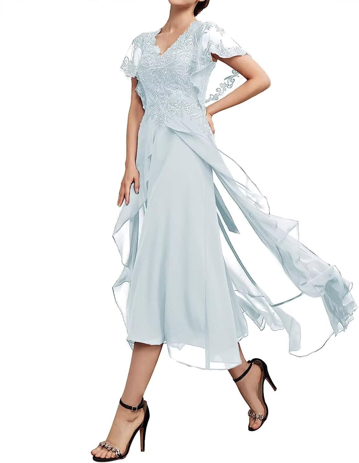 BollameMother of The Bride Dresses for Wedding Ruffle Sleeves Lace Applique Pleated Chiffon Formal Evening Party Gown for Women