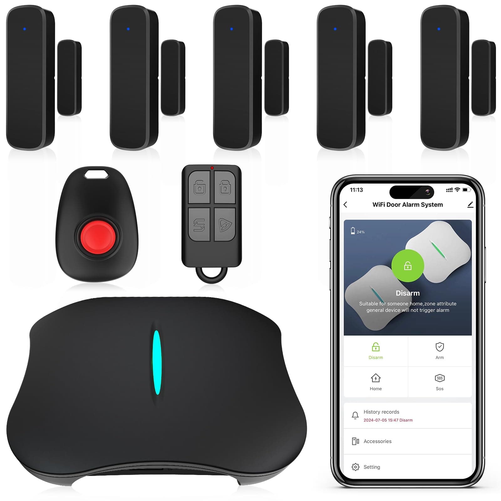 Wireless Home Security System, WiFi Smart DIY Home Alarm System for Apartment/Villa/Store, 8 Pieces-Kit, Alarm Siren, Door Window Sensor, Caregiver Pager, Work with Google Assistant and Alexa