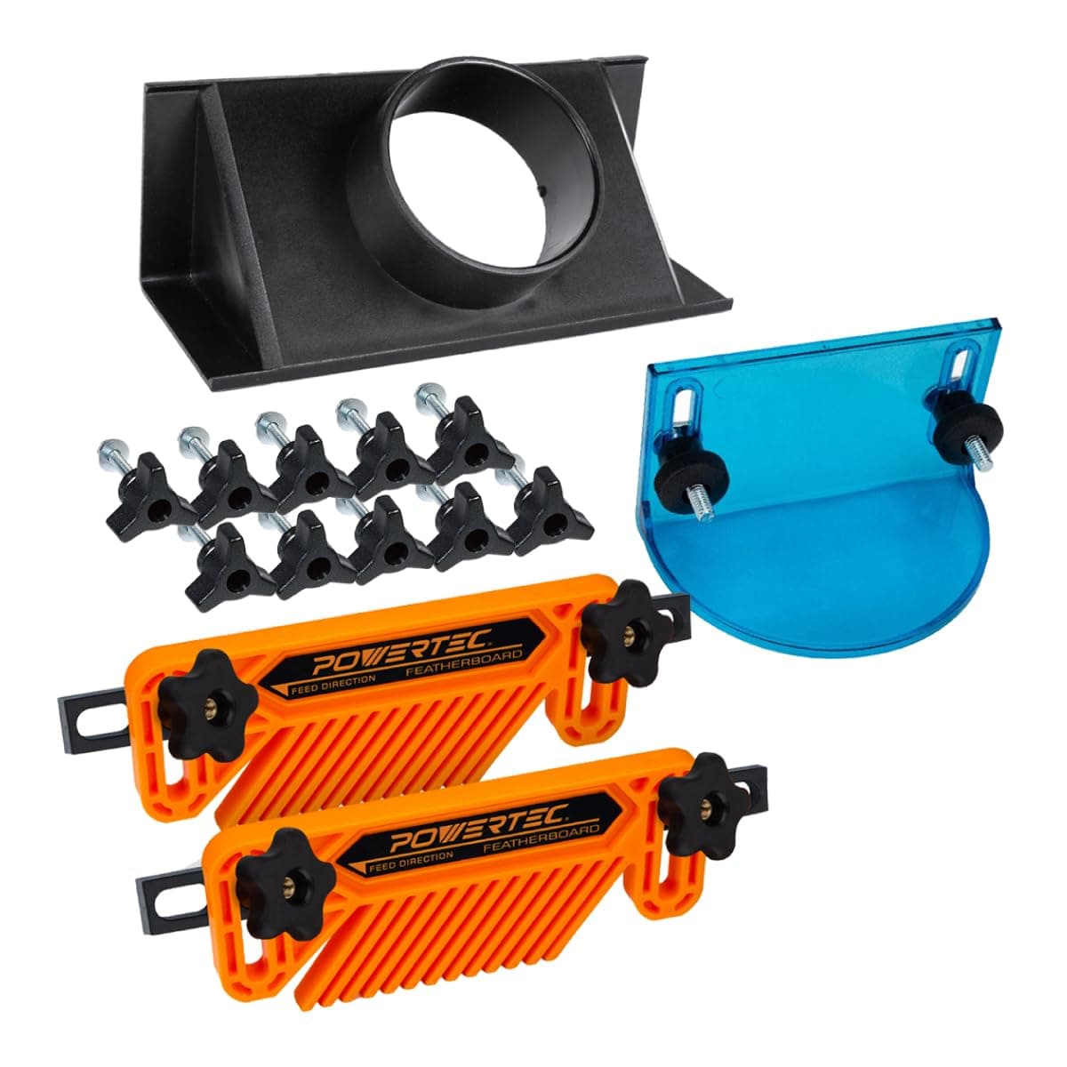 POWERTEC71914 Full Size Router Bit Guard with 2.5" ID Router Table Dust Port & 2-PC Router Fence/Table Featherboards, and 1/4"-20 T-Track Hex Bolt/Washer/Knob Kit