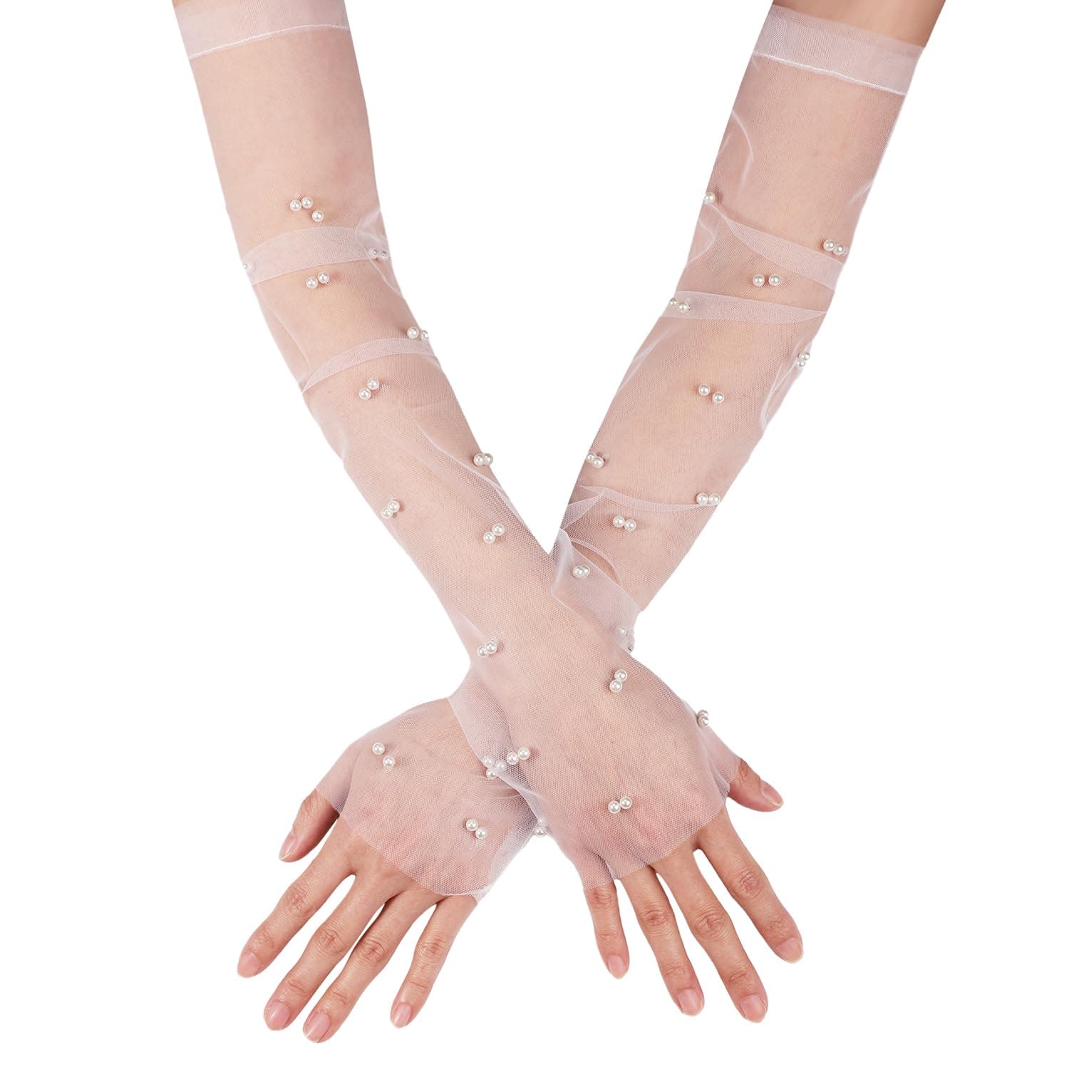 LUTER2pcs Pearl Gloves, 18inch Pearl Gloves Fingerless Tulle for Women Tulle Long Bridal for Opera Halloween Costume Party Dance (White)