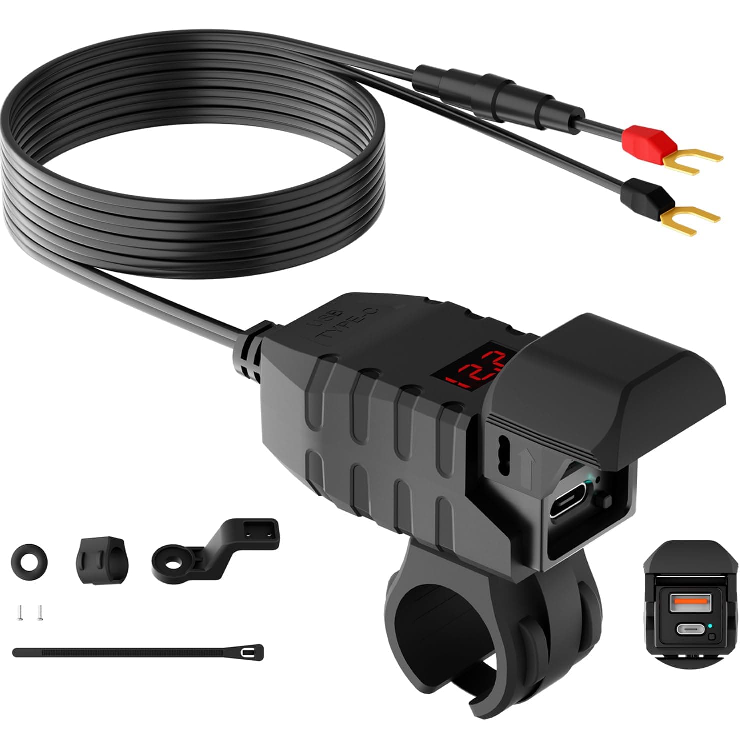 Motorcycle USB Charger, Dual USB Type C 30W PD & QC 3.0 Motorcycle Phone Charger with Voltmeter & ON/Off Switch, Waterproof ATV/Motorcycle/Dirt Bike Charger for Phone, Tablet, GPS...