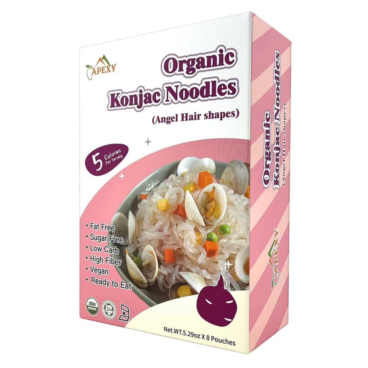 Apexy Organic Shirataki Konjac Noodle 8 Pouches Total 42.24oz. Low Calorie, Low-Carb Gluten Free, Vegan, Keto and Paleo-Friendly. (Angel Hair Shapes)